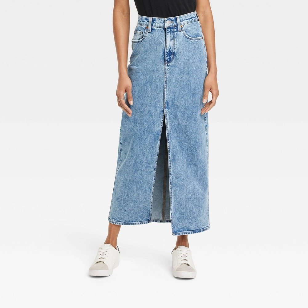 Universal Thread Womens Size 4 High Rise Denim Maxi Skirt Front Slit Blue